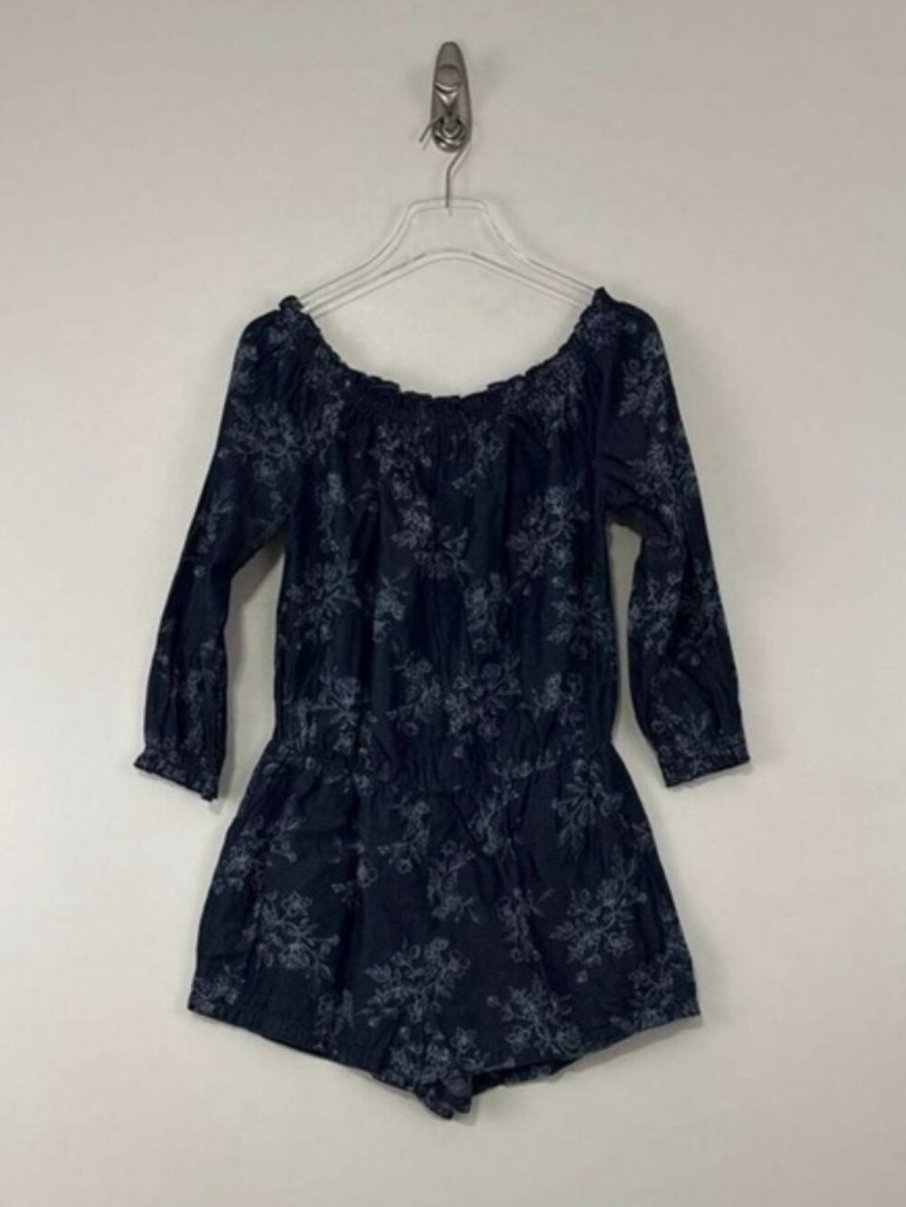 Red Camel Off the Shoulder Floral Denim Romper